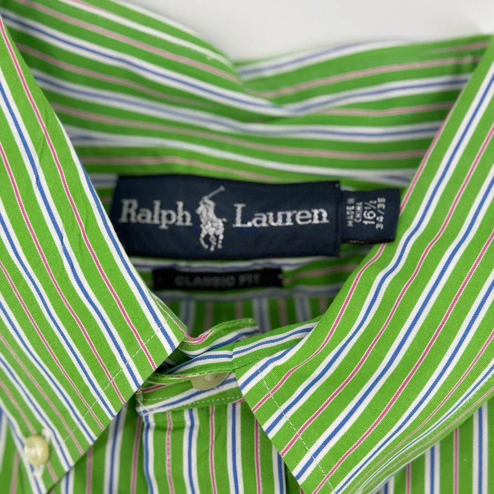 Ralph Lauren Classic Fit Mens Green Multi Stripe Button‎ Down Shirt 16.5 34/35